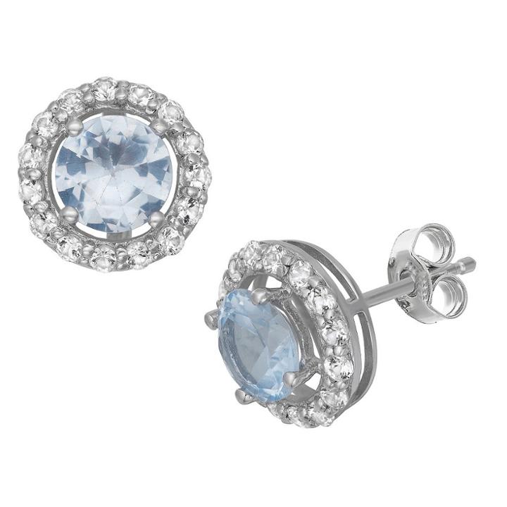 Tiara 6mm Round-cut Aquamarine Halo Earrings In Sterling