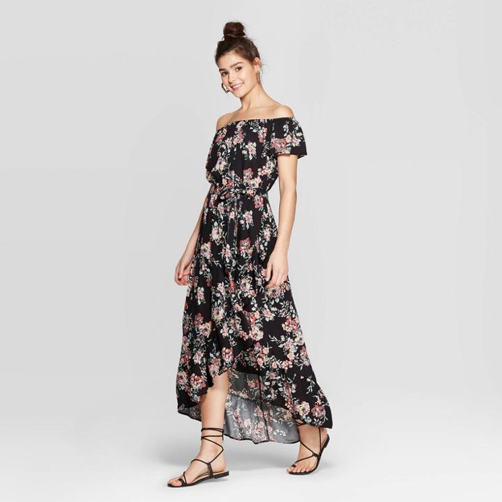 Women's Floral Print Short Sleeve Off The Shoulder High-low Hem Maxi Dress - Xhilaration Black