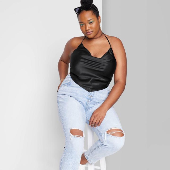 Women's Plus Size Satin Cowl Neck Scarf Halter Top - Wild Fable Black