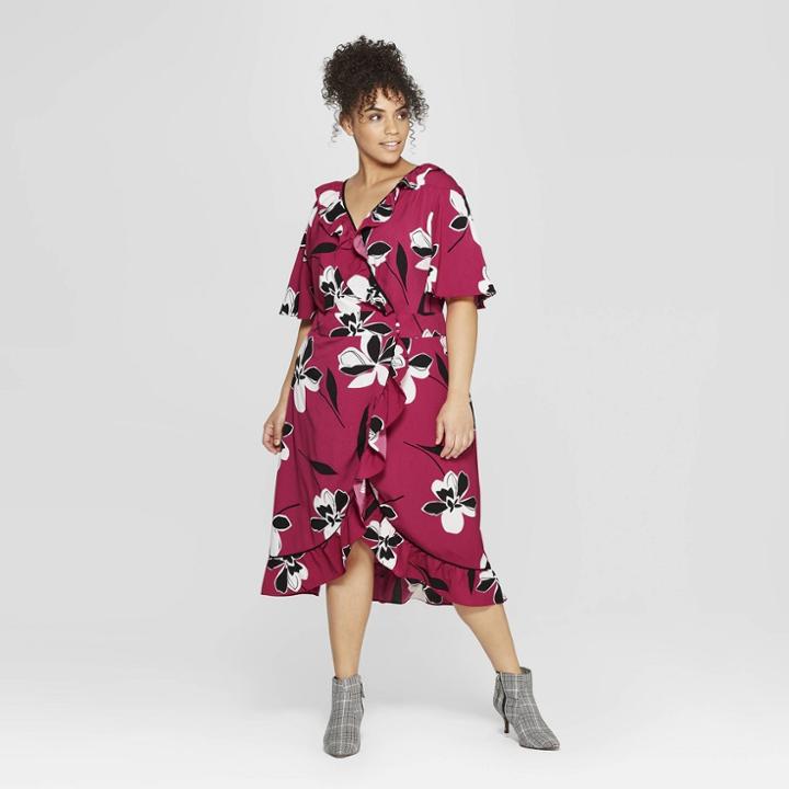 Women's Plus Size Floral Print Short Sleeve Button Front Wrap Dress - Who What Wear Red