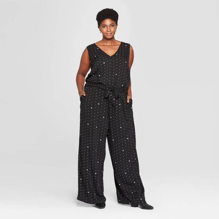 Women's Plus Size Printed Tie Waist Jumpsuit - Ava & Viv Black