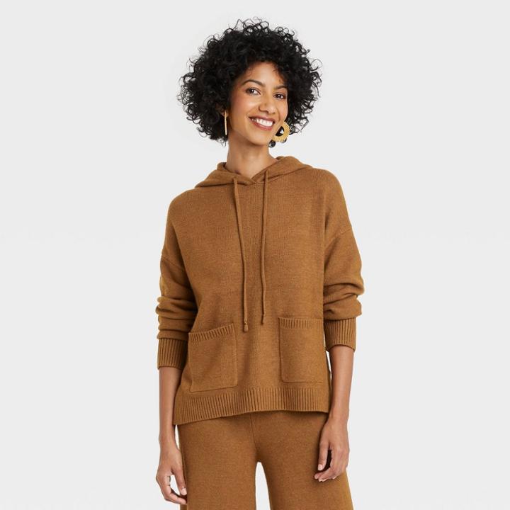 Women's Crewneck Hooded Pullover Sweater - A New Day Olive Green