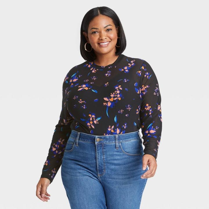 Women's Plus Size Long Sleeve Mesh Top - Ava & Viv Black Floral X