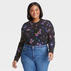 Women's Plus Size Long Sleeve Mesh Top - Ava & Viv Black Floral X