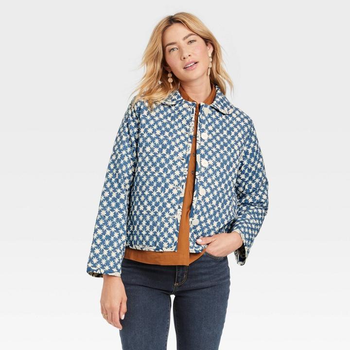 Women's Quilted Button-front Jacket - Universal Thread Blue Ikat