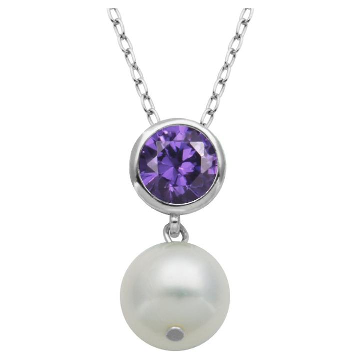 Prime Art & Jewel Genuine White Pearl And Amethyst Pendant Necklace With 18 Chain, Girl's, Silver/amethyst