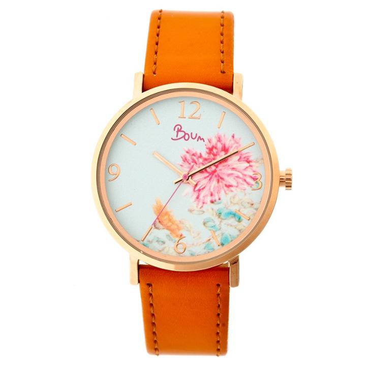 Women's Boum Mademoiselle Floral Dial Synthetic Leather Strap Watch- Camel