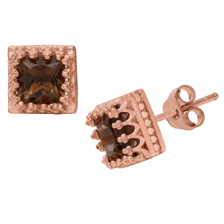 2 4/7 Tcw Tiara Rose Gold Over Silver Princess-cut Smoky Quartz Crown Earrings, Women's, Smoky Quartz/silver