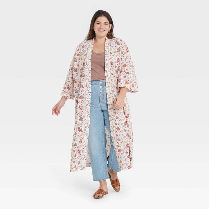 Women's Plus Size Woven Floral Print Duster - Universal Thread Cream One Size, Ivory
