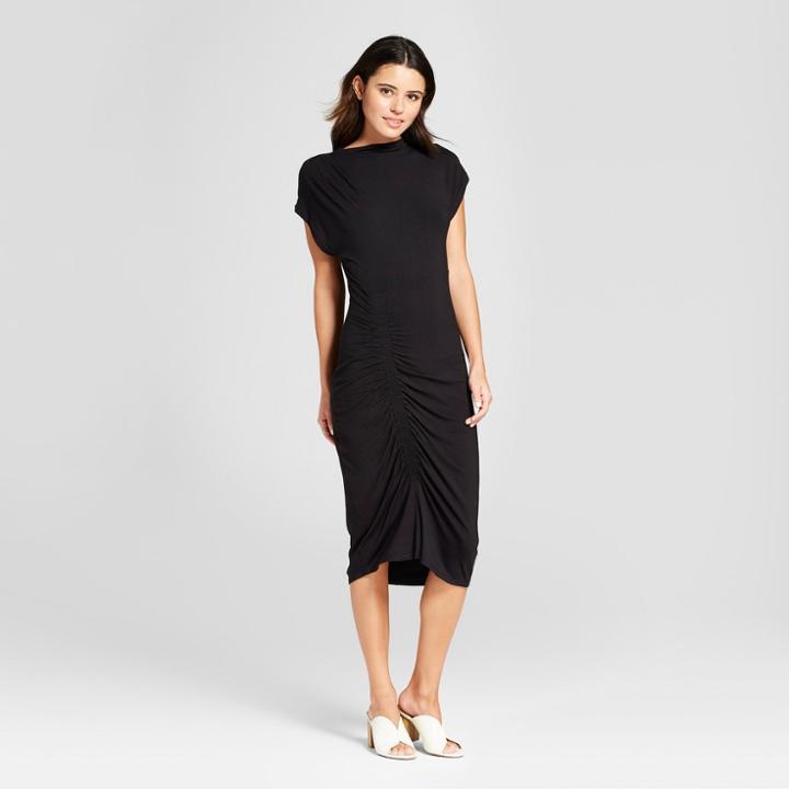 Women's Short Sleeve Asymmetrical Ruched Midi Dress - Nitrogen Black