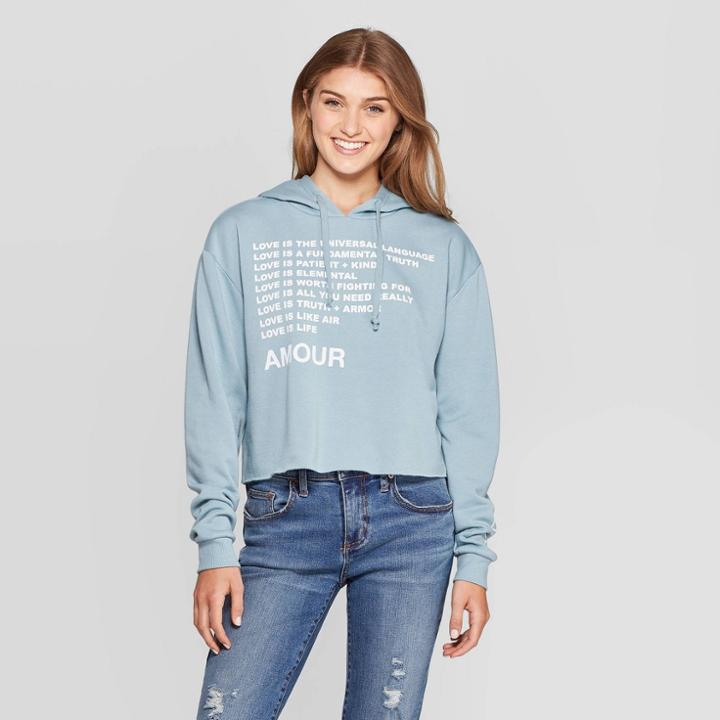 Mighty Fine Women's Amour Long Sleeve Graphic Cropped Hoodie Sweatshirt (juniors')- Light Blue M, Women's,