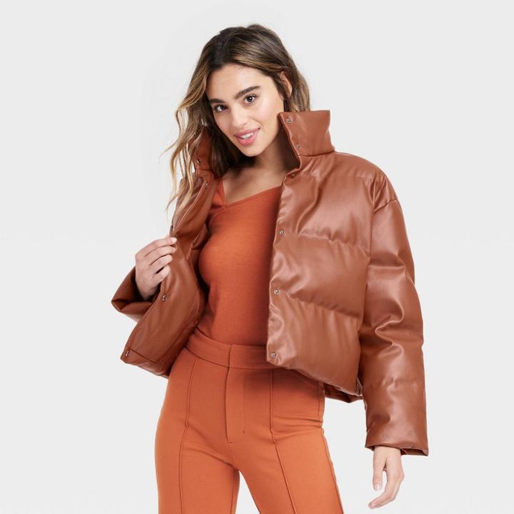 Women's Faux Leather Puffer Jacket - A New Day Brown