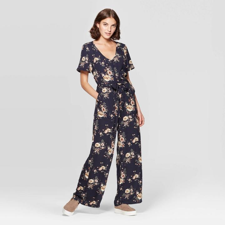 Women's Floral Print Short Sleeve V-neck Button Front Belted Jumpsuit - Xhilaration Navy Xs, Women's, Blue