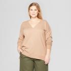 Women's Plus Size Long Sleeve V-neck Pullover Sweater - Prologue Tan