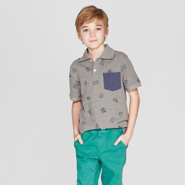 Boys' Short Sleeve All Over Print Slub Knit Polo Shirt - Cat & Jack Gray