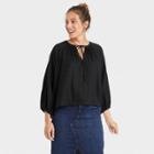 Women's Raglan Long Sleeve Tie-front Top - A New Day Black