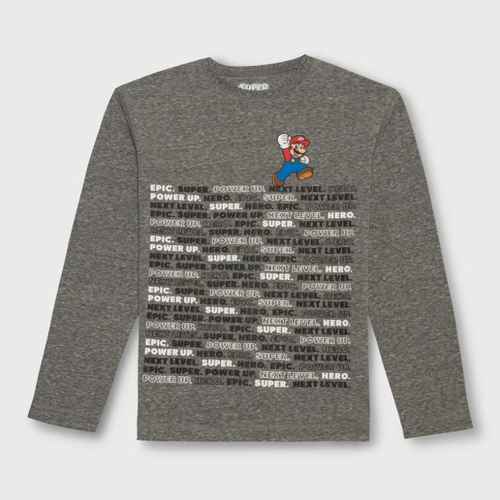 Nintendo Boys' Mario Word Stack Long Sleeve Graphic T-shirt - Heather Gray
