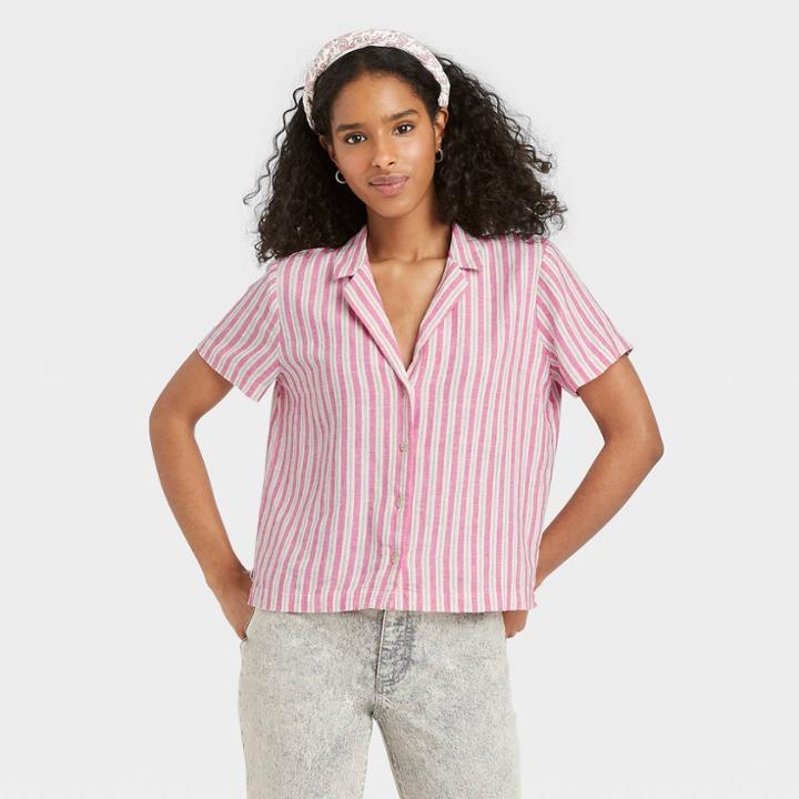 Women's Striped Short Sleeve Button-down Shirt - Universal Thread Pink
