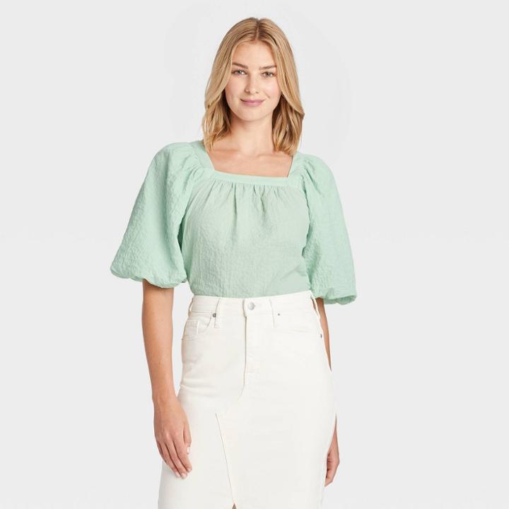 Women's Puff Short Sleeve Blouse - A New Day Green