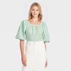 Women's Puff Short Sleeve Blouse - A New Day Green