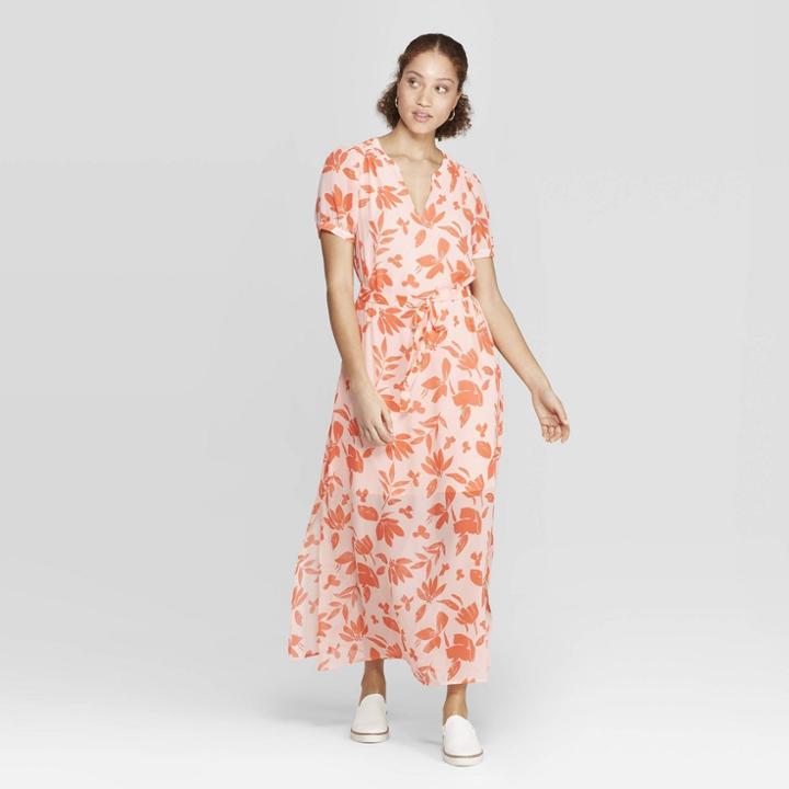 Women's Floral Print Casual Fit Cap Sleeve Deep V-neck Chiffon Maxi Dress - A New Day Light Orange
