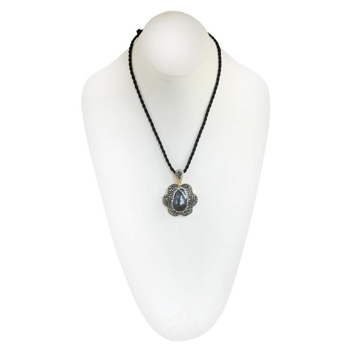 Women's Zirconite Biwa Pearl Black Crystals Drop Pendant-champagne