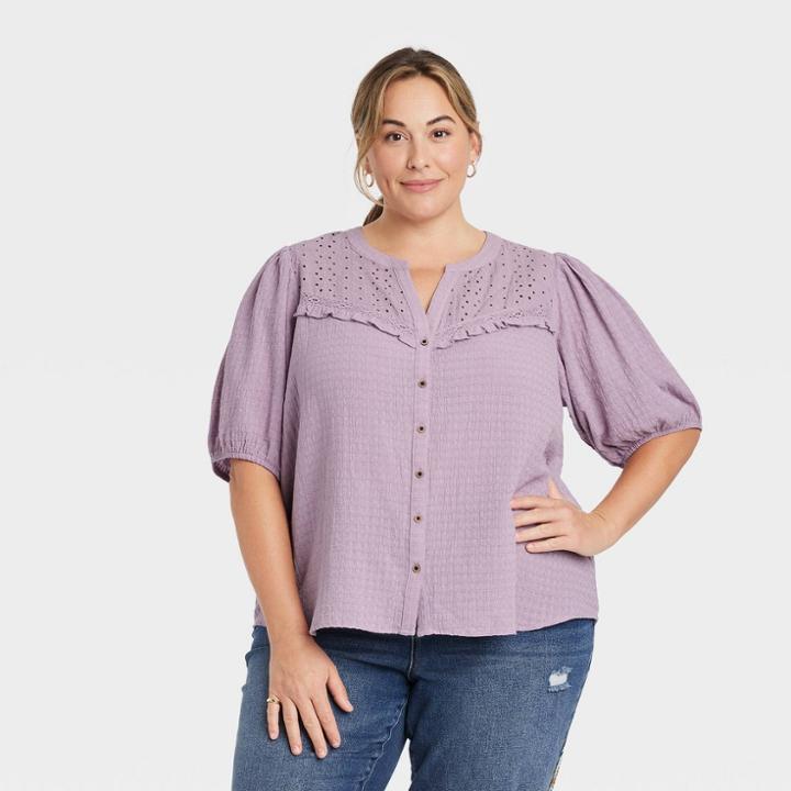 Women's Plus Size Balloon Short Sleeve Button-front Textured Top - Knox Rose Purple