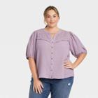 Women's Plus Size Balloon Short Sleeve Button-front Textured Top - Knox Rose Purple