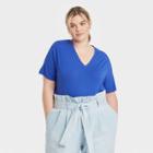 Women's Plus Size Short Sleeve V-neck Drapey T-shirt - A New Day Blue