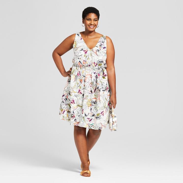 Women's Plus Size Floral Print Sleeveless Tie Waist Dress - A New Day White