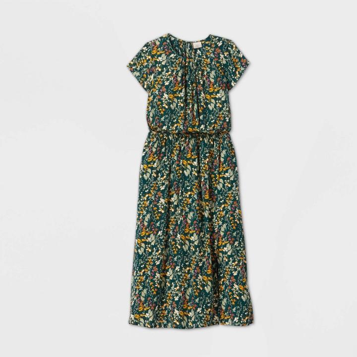 Women's Floral Print Short Sleeve Cinched Waist Dress - A New Day Green