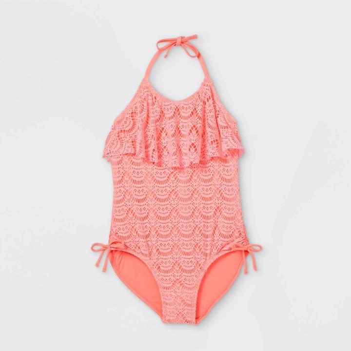Girls' Crochet Flounce Top One Piece Swimsuit - Cat & Jack Pink