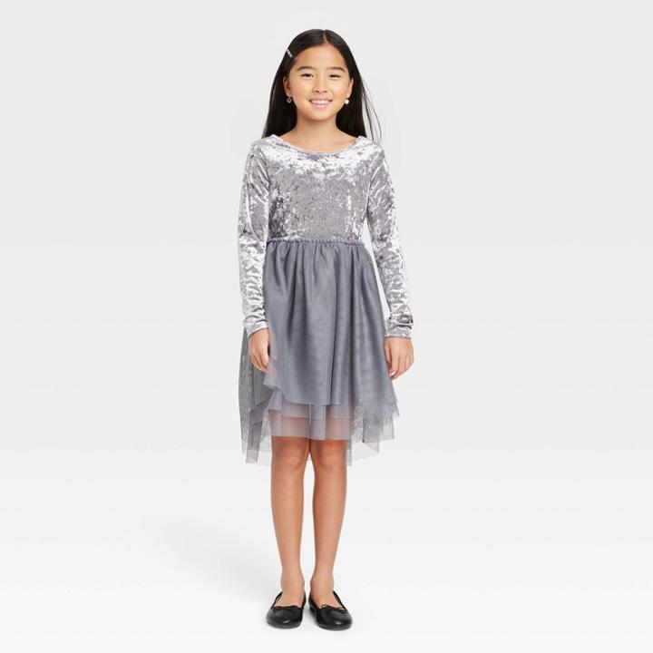 Girls' Long Sleeve Velvet Tulle Dress - Cat & Jack Dark Gray