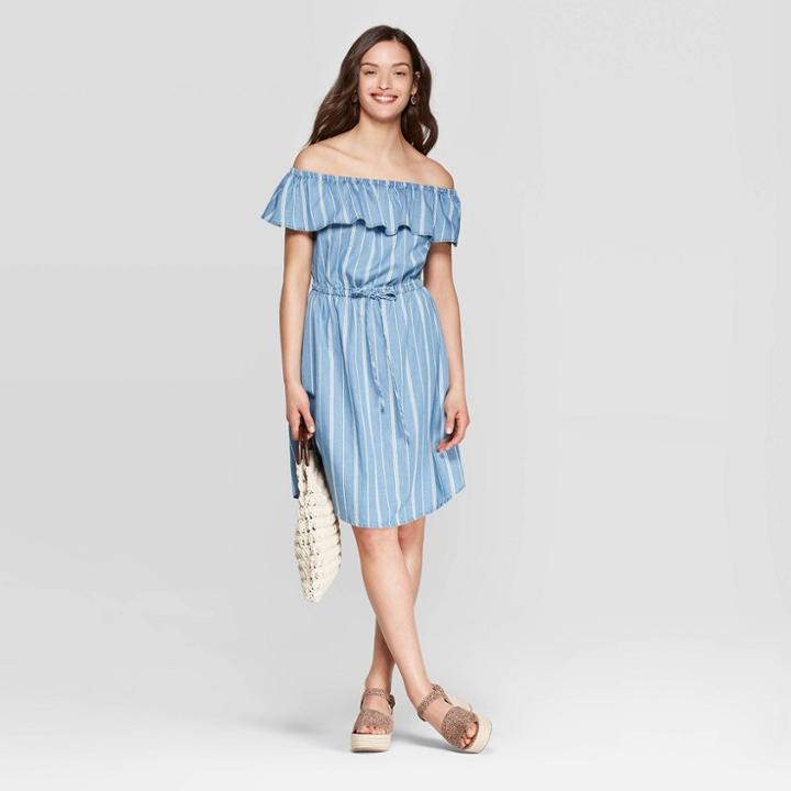 Women's Striped Strapless Off The Shoulder At Knee Ots Denim Dress - Universal Thread Blue