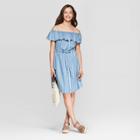 Women's Striped Strapless Off The Shoulder At Knee Ots Denim Dress - Universal Thread Blue