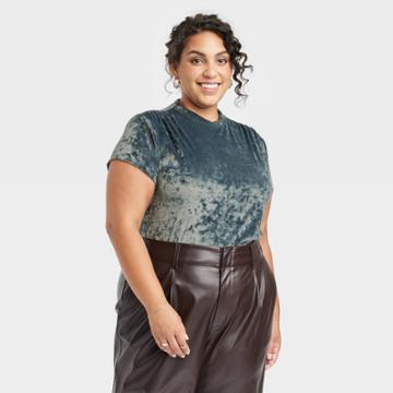 Women's Plus Size Short Sleeve Slim Fit Mock Turtleneck Velvet T-shirt - A New Day Teal