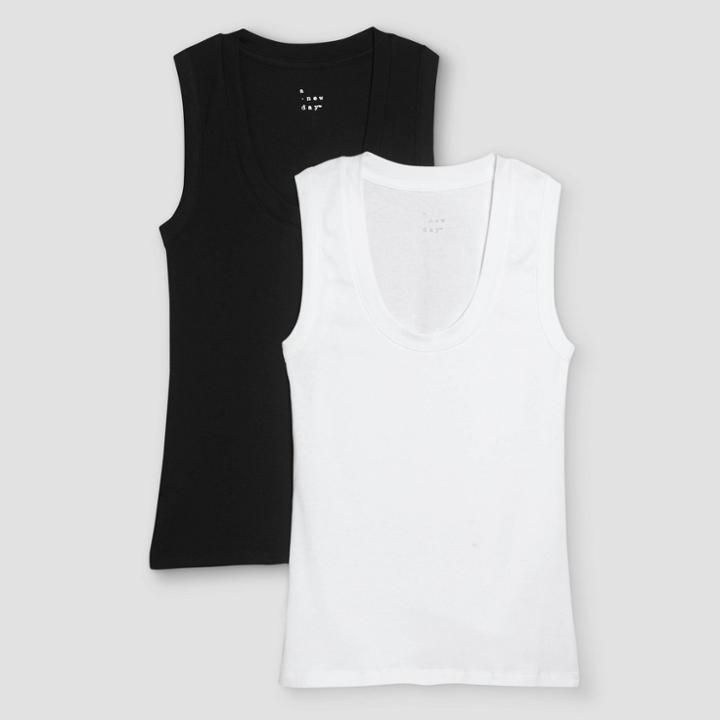 Women's Slim Fit 2pk Bundle Tank Top - A New Day Black/white