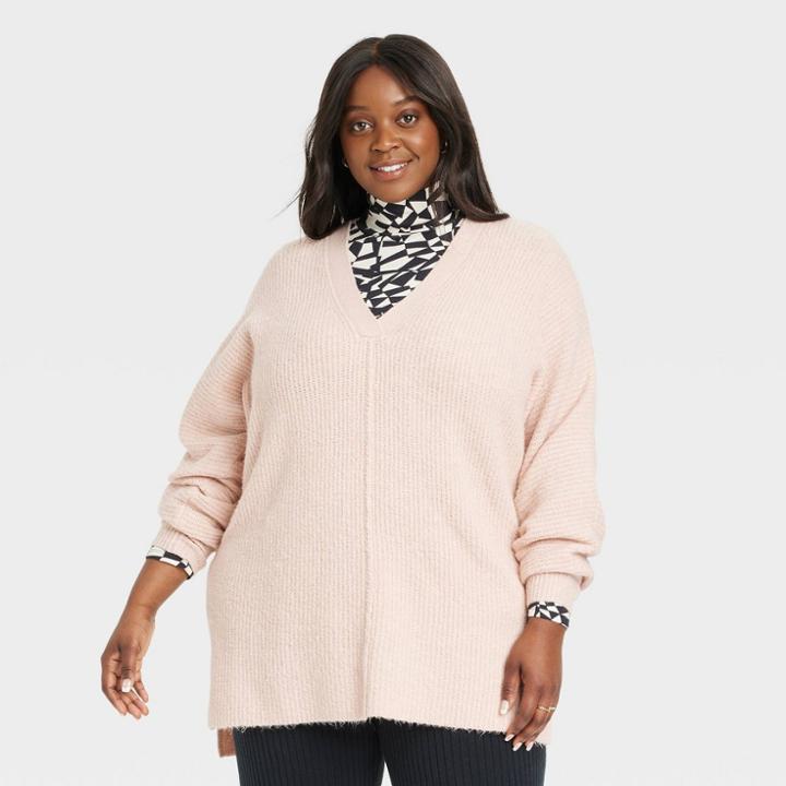 Women's Plus Size V-neck Tunic Pullover Sweater - Ava & Viv Pink X