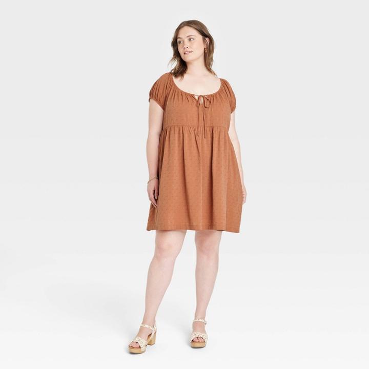 Women's Plus Size Puff Short Sleeve Day Dress - Universal Thread Rust