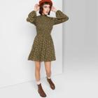 Women's Floral Print Long Sleeve High Neck Smocked Floral Dress - Wild Fable Olive Xs, Women's, Green