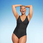 Women's Upf 50 Waist Detail Over The Shoulder One Piece Swimsuit - Aqua Green Black