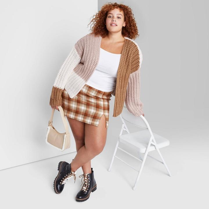 Women's Plus Size Crafted Chunky Knit Cardigan - Wild Fable Brown Colorblock