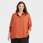 Women's Plus Size Long Sleeve Satin Button-down Shirt - A New Day Rust