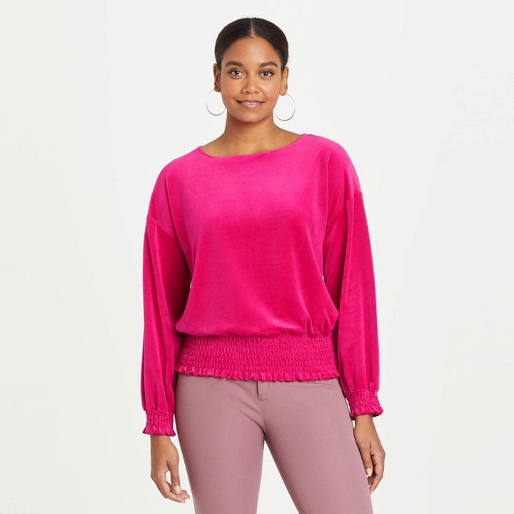 Women's Bishop Long Sleeve Smocked Top - A New Day Dark Pink