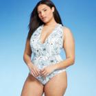 Women's Plus Size Plunge Front One Piece Swimsuit - Sea Angel White