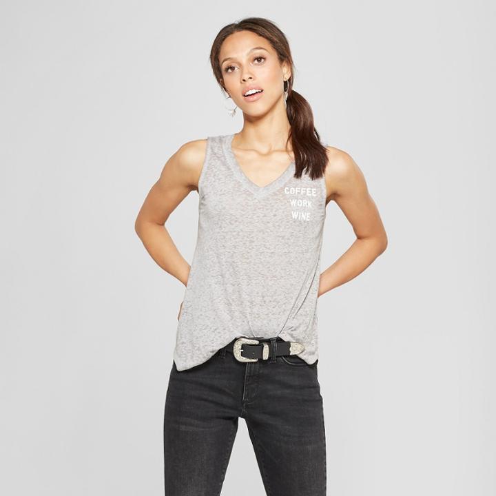 Women's Coffee Work Wine V-neck Graphic Tank Top - Zoe+liv Heather Gray