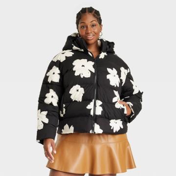 Women's Plus Size Short Puffer Coat - Ava & Viv Black Floral