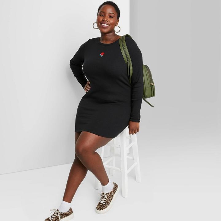Women's Plus Size Long Sleeve Bodycon Dress - Wild Fable Black Embroidered