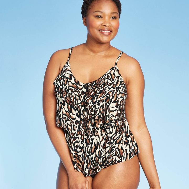 Women's Tiered Tankini Top - Aqua Green Animal Print M, Women's,
