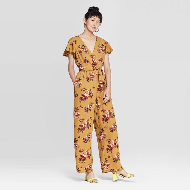 Petitewomen's Floral Print Short Sleeve Deep V-neck Wrap Jumpsuit - Xhilaration Mustard Xs, Women's, Yellow